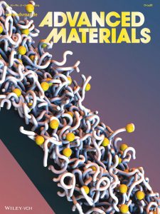 Back cover of the journal advanced materials, highlighting the ability to layer polyelectrolytes on bacteriophage surfaces.