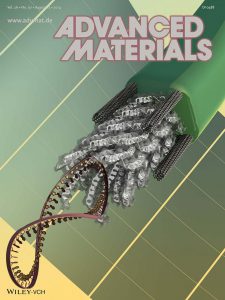 Advanced materials journal cover showing nanocomposites templated on bacteriophage.