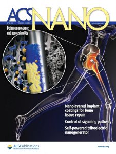 ACS Nano cover featuring work on nanocoated implants to enhance bone regeneration.