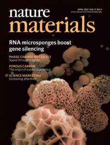 Decorative journal cover. The encapsulation and delivery of short interfering RNA (siRNA) has been realized using lipid nanoparticles, cationic complexes, inorganic nanoparticles, RNA nanoparticles and dendrimers. Still, the instability of RNA and the relatively ineffectual encapsulation process of siRNA remain critical issues towards the clinical translation of RNA as a therapeutic. Lee et al. report the synthesis of a delivery vehicle that combines carrier and cargo: RNA interference (RNAi) polymers that self-assemble into nanoscale pleated sheets of hairpin RNA, which in turn form sponge-like microspheres. The RNAi-microsponges consist entirely of cleavable RNA strands, and are processed by the cell’s RNA machinery to convert the stable hairpin RNA to siRNA only after cellular uptake, thus inherently providing protection for siRNA during delivery and transport to the cytoplasm. More than half a million copies of siRNA can be delivered to a cell with the uptake of a single RNAi-microsponge. The approach could lead to novel therapeutic routes for siRNA delivery.