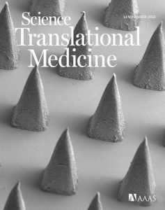 Decorative journal cover. Immune status and responses are often determined by analyzing circulating cells isolated from the blood. However, many immune processes and diseases depend on tissue-resident immune cells acting in target organs, which would not be reflected in peripheral immune cells. To sample these tissue-resident cells, Mandal et al. designed a microneedle array that can be applied to the skin. These microneedles can be loaded with adjuvants and antigens of interest to draw in responding immune cells. The microneedles are noninvasive and can be used to follow immune responses over time; similar sampling could be done in the future for other tissues. Tools such as these microneedles can help scientists gain a more accurate understanding of immune responses.